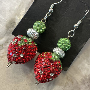 PAVE Bling StrawBerry Sparkle Cherry Red White Green RHINESTONE EARRINGS Dangle